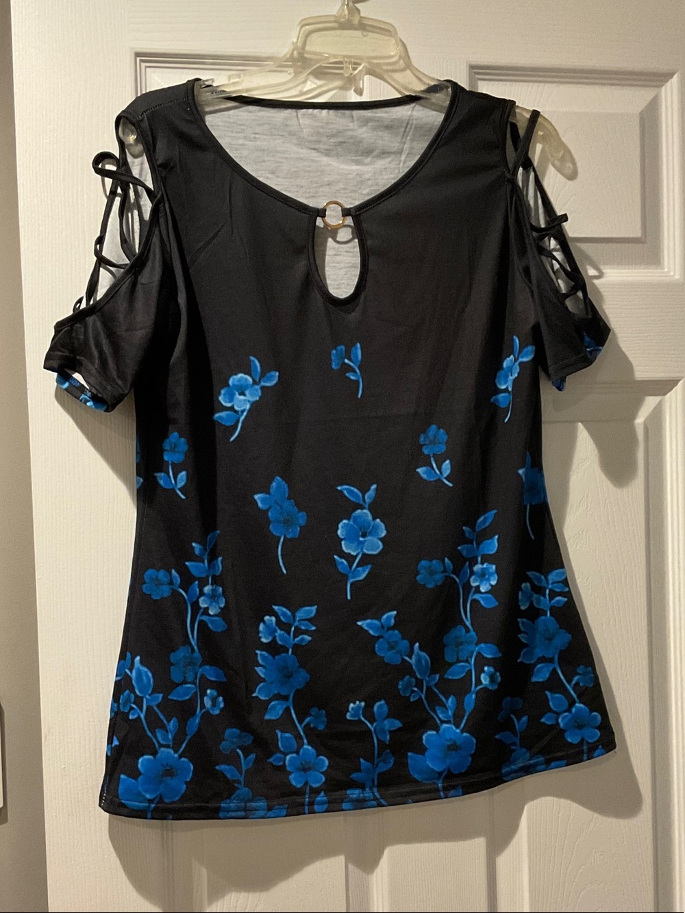 Black Cold-Shoulder Top with Blue Floral Print